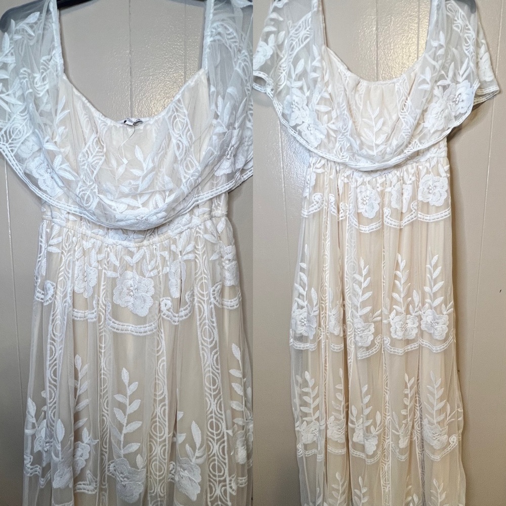 Baltic Born Ivory and white lace maxi off shoulder dress.